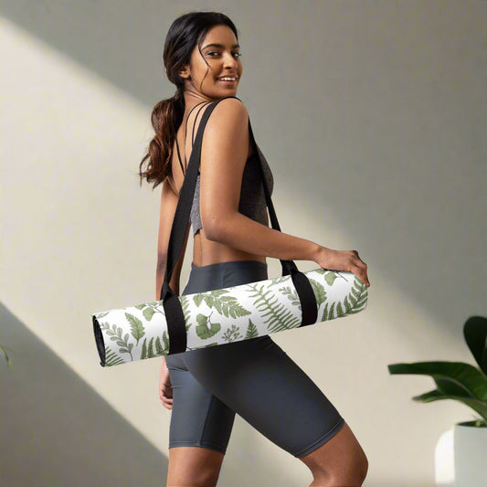 Yoga mat with floral design, easy to carry, featuring anti-slip rubber bottom and soft microsuede top.